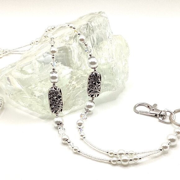 Classic White Pearl, Beaded Lanyard for, Badge, ID Holder, Keychain, Lanyard - Picture 4 of 5